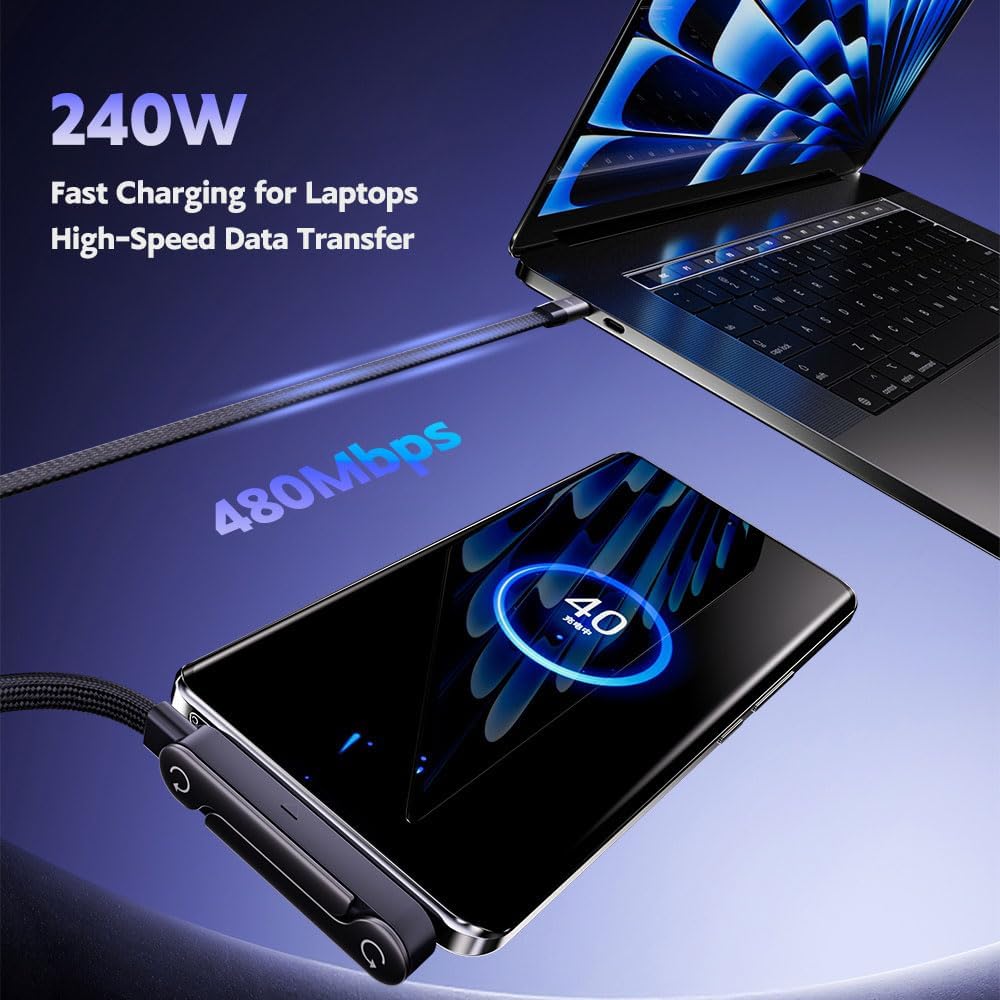 USB C 240W Fast Charging Cable with Foldable Phone Stand