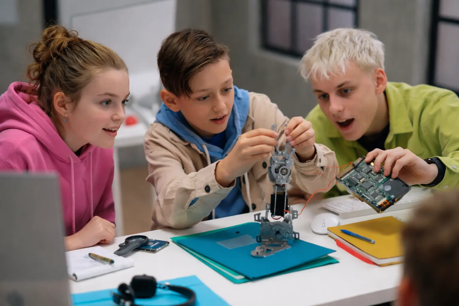 curious people looking at robots